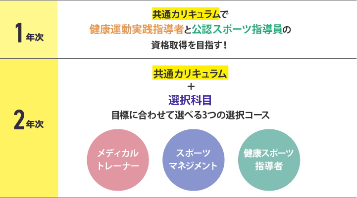 スポーツ健康学科2年間の学習の流れ