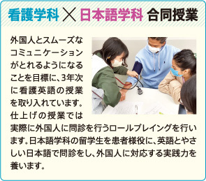 看護学科×日本語学科 合同授業　外国人とスムーズなコミュニケーションがとれるようになることを目標に、3年次に看護英語の授業を取り入れています。仕上げの授業では実際に外国人に問診を行うロールプレイングを行います。日本語学科の留学生を患者様役に、英語とやさしい日本語で問診をし、外国人に対応する実践力を養います。