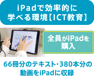 iPadで効率的に学べる環境【ICT教育】 全員がiPadを購入 66冊分のテキスト・380本分の 動画をiPadに収録